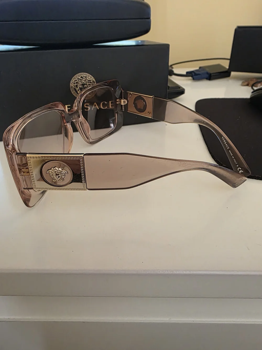 Versace Square Oversized Sunglasses in Blush Transparent Frame